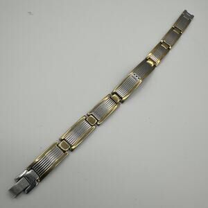 Mens 9" Two Tone Bracelet Stainless Steel Articulated Links Skinny Flat Lay